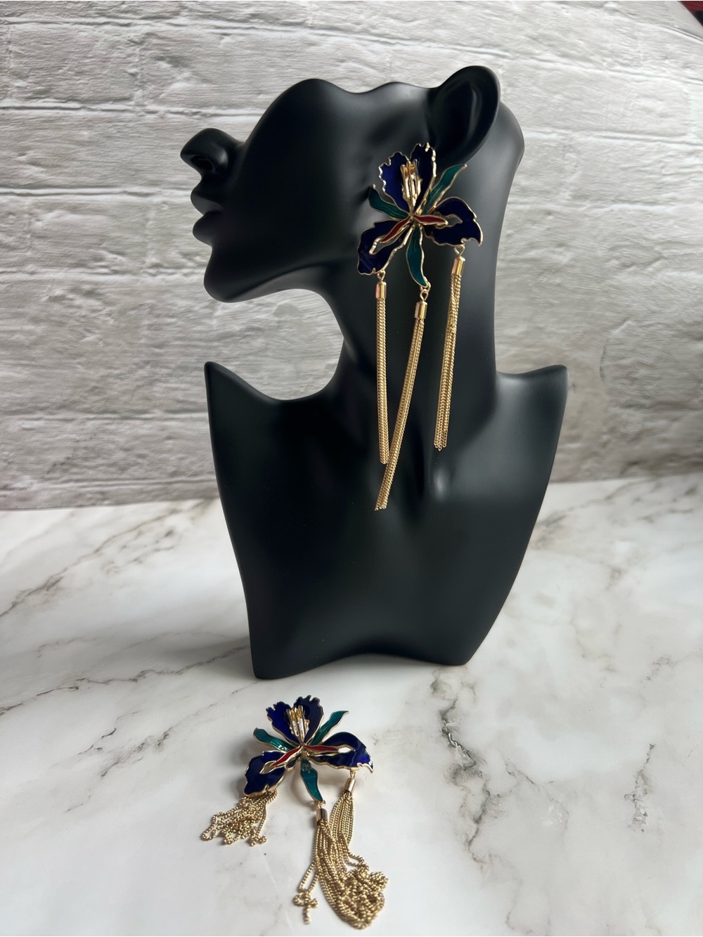 Gold Tone Floral Drop Earrings with Blue and Green Enamel - dual stud & clip
